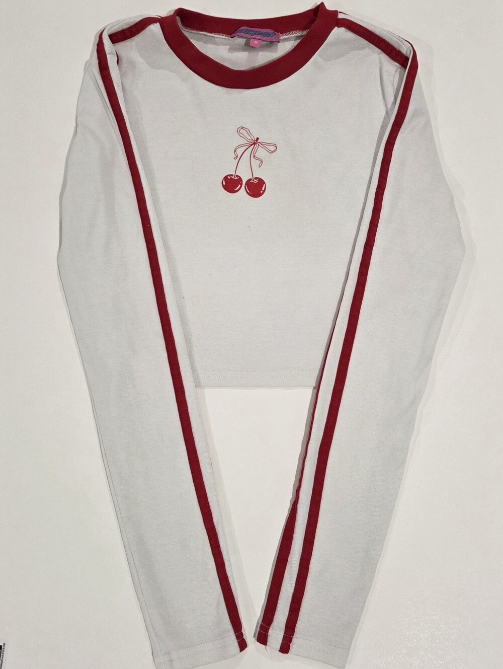 Edikted Cherry On Top Long Sleeve Cropped T Shirt - White, Size M